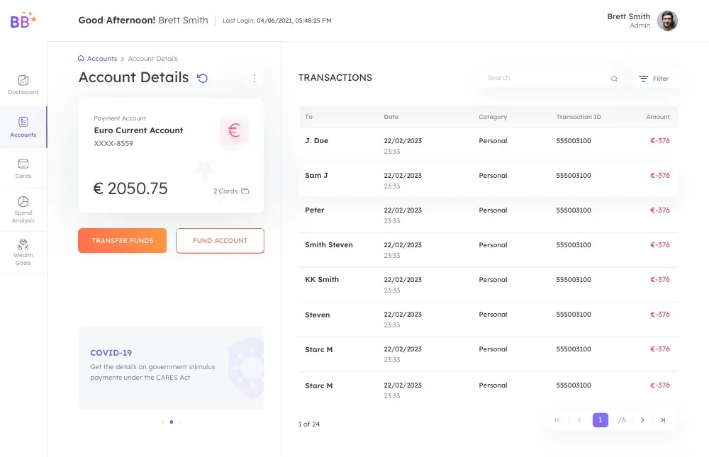 Bright Bank: Account details and transactions.