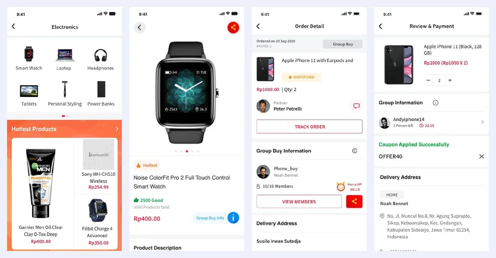 E-commerce app and web designs: Categories, product, order detail and payment.