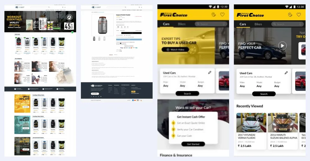 E-commerce app and web designs: Order confirmation and the web store.