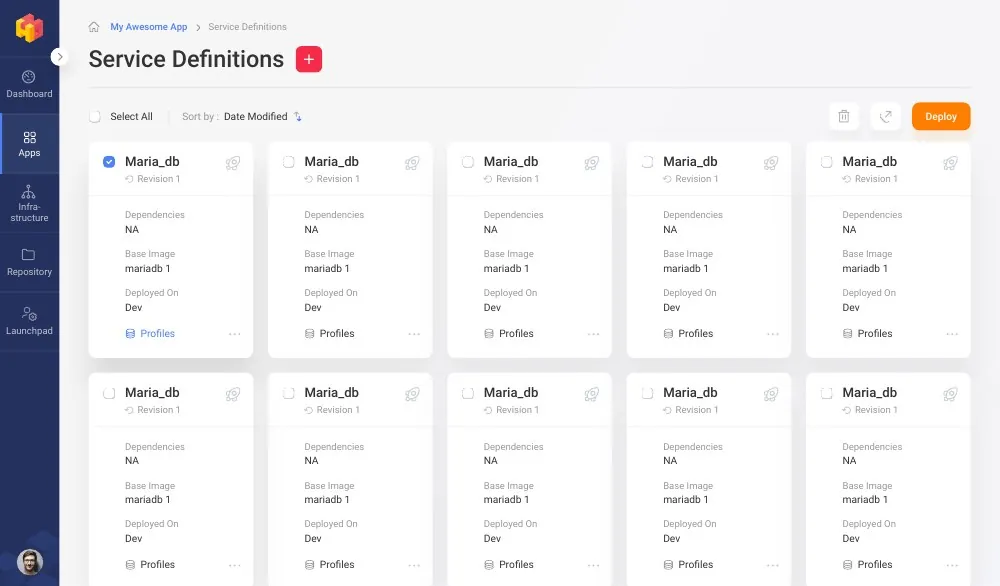 Hyscale visual design flow: Dashboard and service definitions.