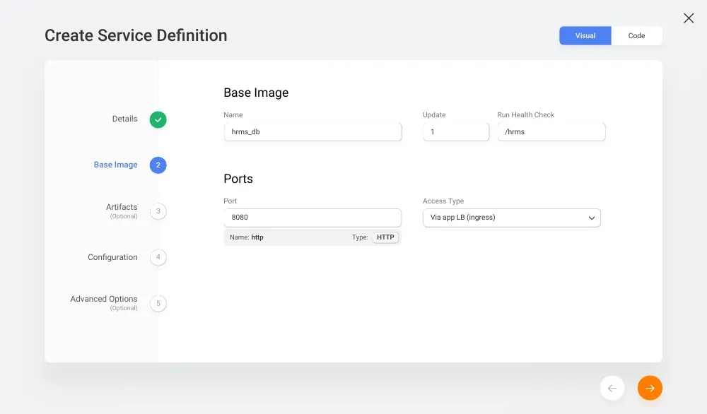 Hyscale visual design flow: Defining a service.