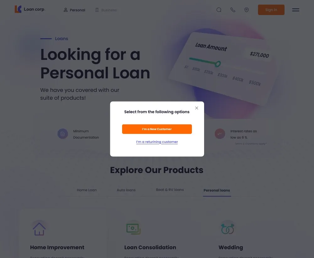 Loan Corp: Home page and loan products.