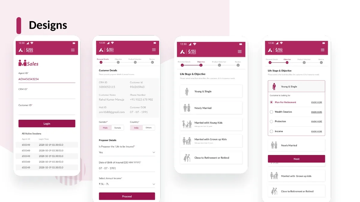 mSales sign-in, customer details and life stage screens