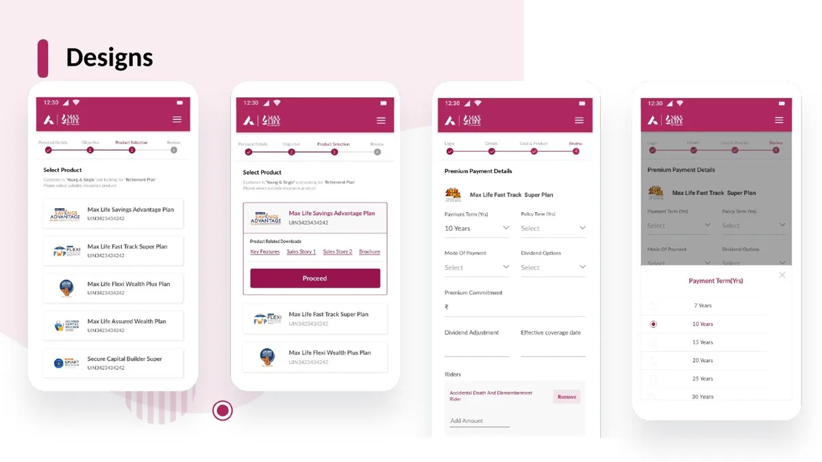mSales product selection and premium details screens