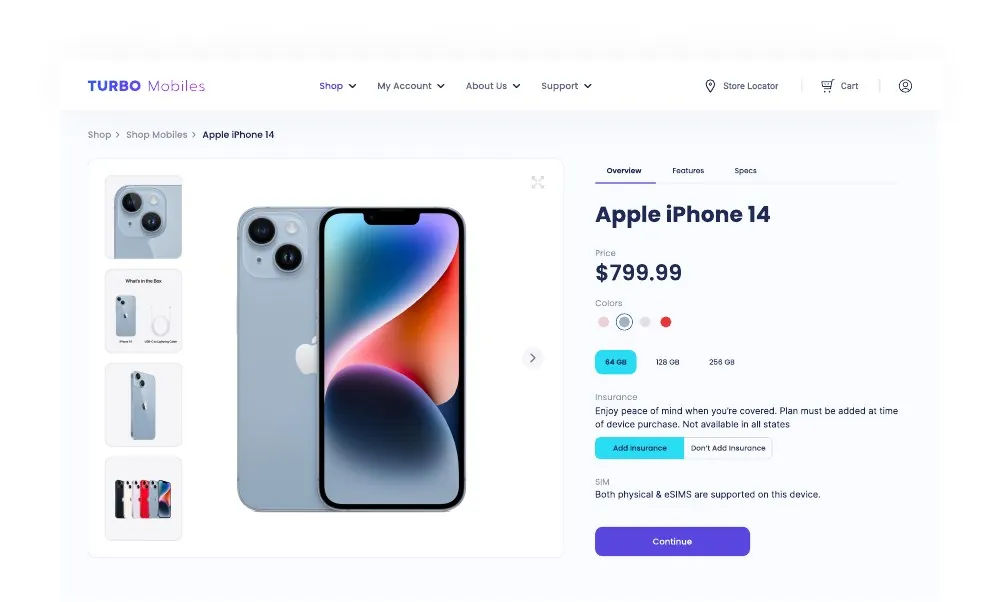 Turbo Mobiles shop: Shop home and product listing.