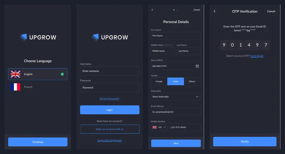 Upgrow mobile banking: Language, login, account opening and OTP.
