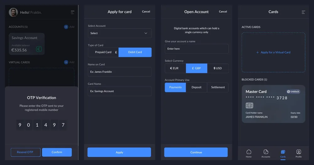 Upgrow mobile banking: Accounts and the screens that follow.